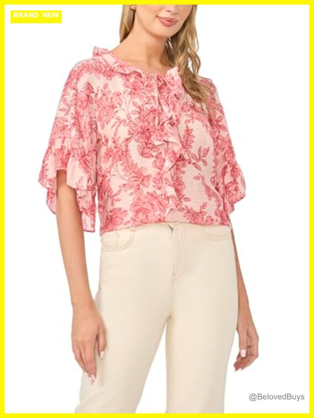 Vince Camuto Tie V Neck 3/4 Sleeve Ruffle Front Blouse